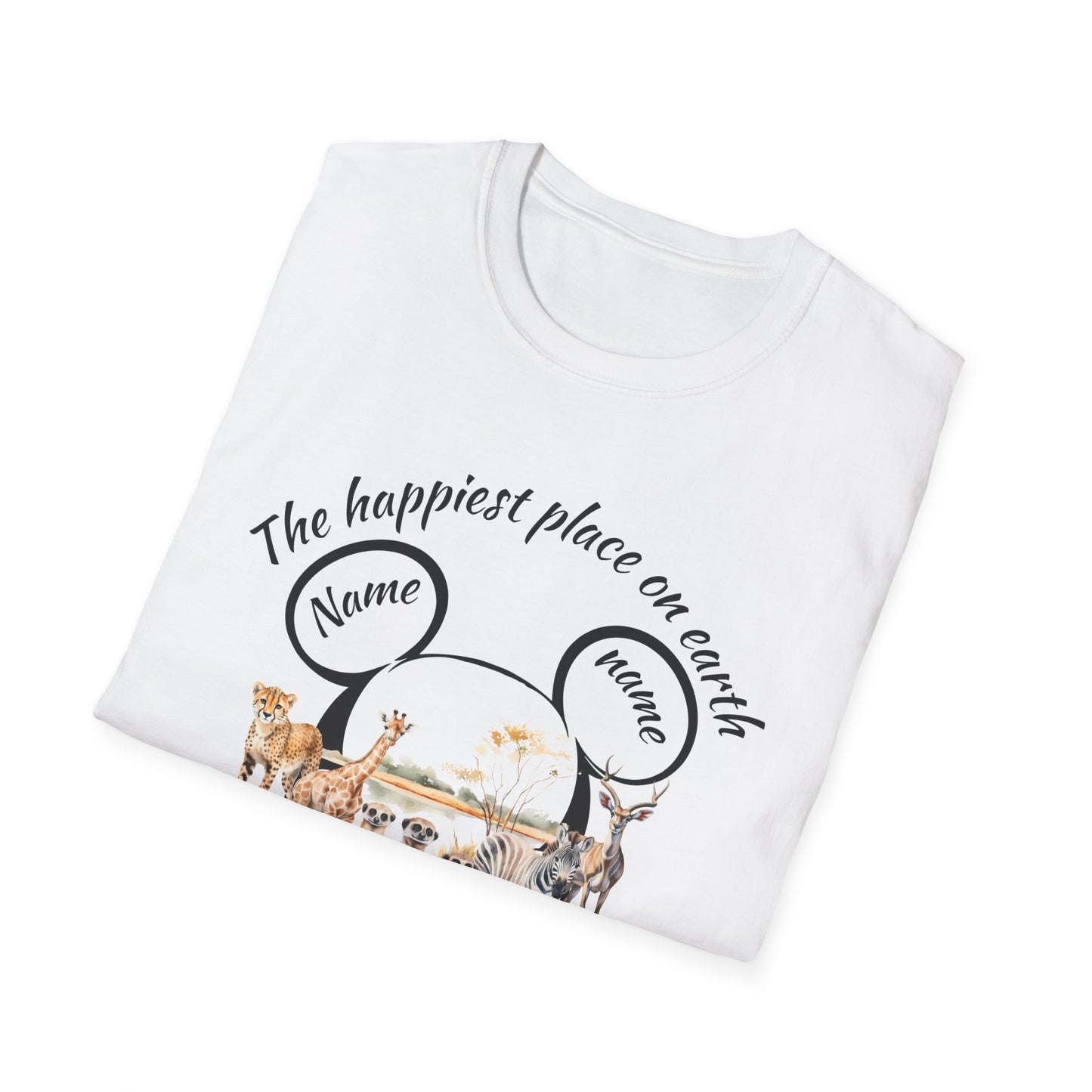 Unisex Softstyle T-Shirt - "The Happiest Place on Earth" Animal Design, Animal Kingdom, Safari Matching Family T-shirts, Disney Trips T-shirts, Disney Birthday T-shirts, Disneyworld Custom Name T-shirts