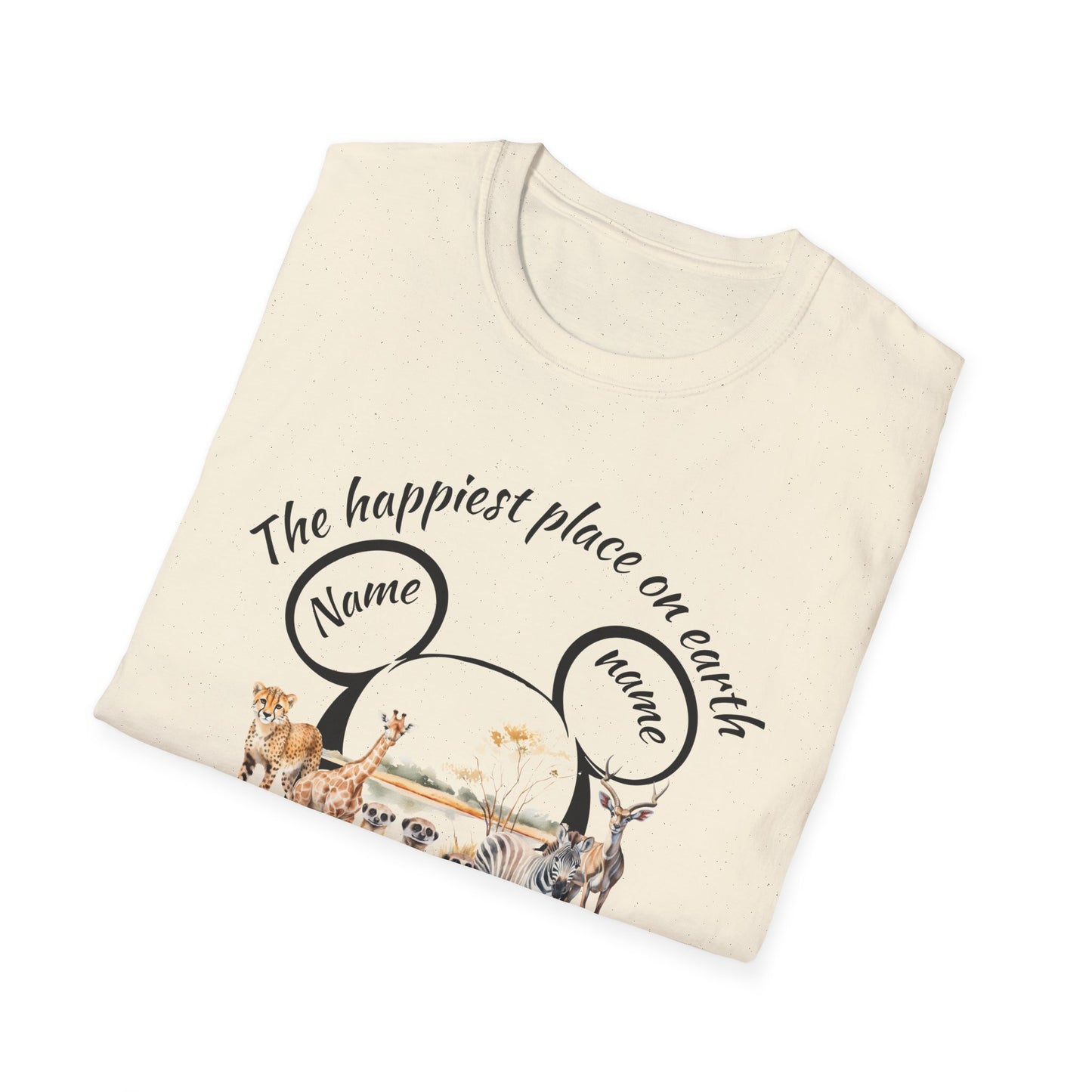 Unisex Softstyle T-Shirt - "The Happiest Place on Earth" Animal Design, Animal Kingdom, Safari Matching Family T-shirts, Disney Trips T-shirts, Disney Birthday T-shirts, Disneyworld Custom Name T-shirts