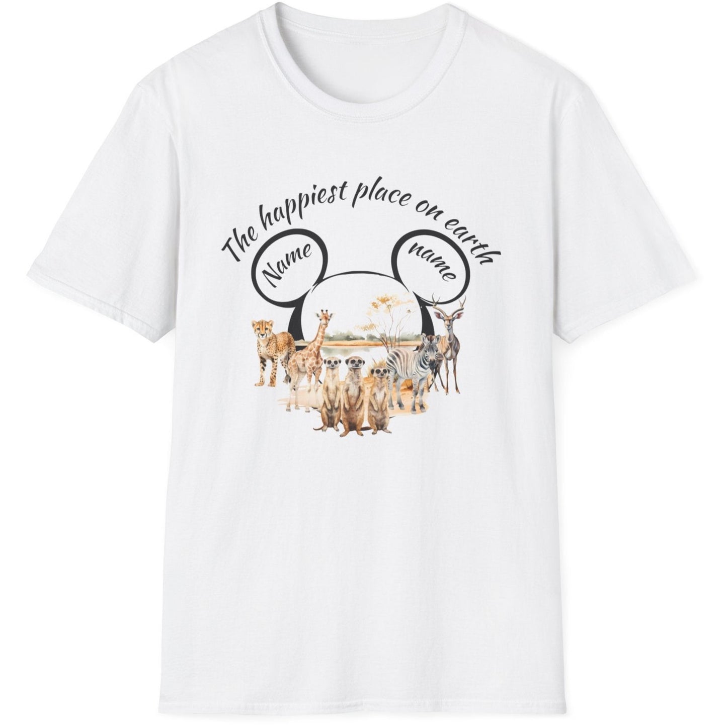 Unisex Softstyle T-Shirt - "The Happiest Place on Earth" Animal Design, Animal Kingdom, Safari Matching Family T-shirts, Disney Trips T-shirts, Disney Birthday T-shirts, Disneyworld Custom Name T-shirts